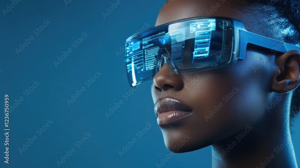 Poster A person wearing augmented reality glasses that display virtual security protocols