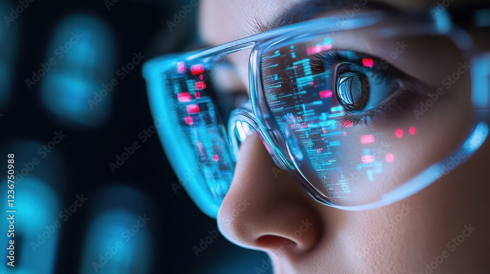 Poster A person wearing augmented reality glasses that display virtual security protocols