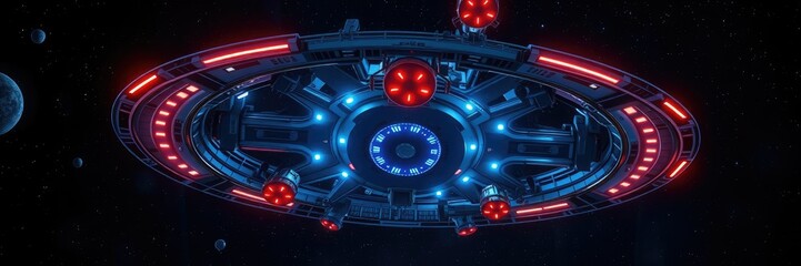 Orbital space station with glowing neon accents, stellar body, futuristic space