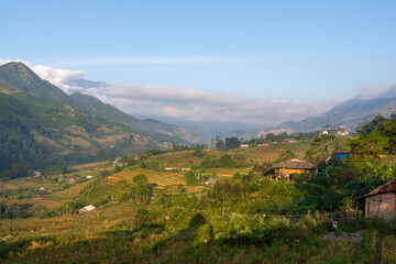 View of rice fields and Fansipan close to Sapa, Vietnam