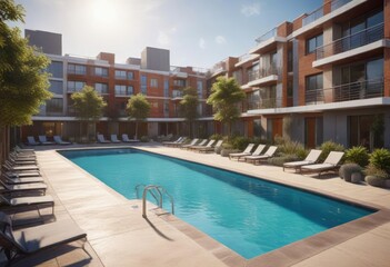 outdoor pool and surrounding area of apartment complex , lawn, residential, modern