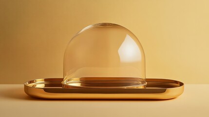 Fototapeta premium A sleek gold serving tray with a minimalist cloche, set on a soft lemon yellow backdrop