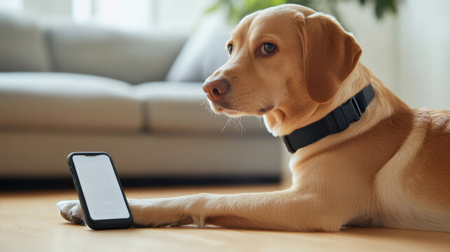 A pet collar with a GPS tracker and security features displayed on a smartphone app