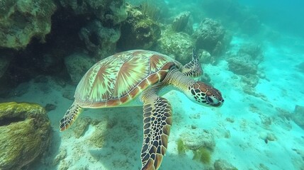 Fototapeta premium Majestic Sea Turtle Gracefully Gliding Through the Crystal-Clear Aquamarine Waters of a Vibrant Coral Reef