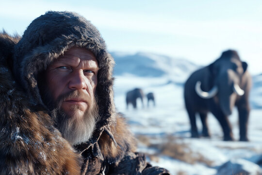 Portrait of a man with a long beard in a fur coat on the background of a herd of mammoths - Powered by Adobe