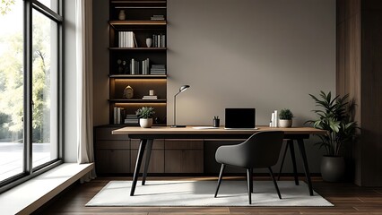 Modern executive office interior with minimal design, large windows, wooden flooring, and elegant workspace setup. 3D Rendering