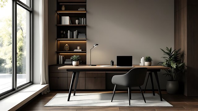 Modern executive office interior with minimal design, large windows, wooden flooring, and elegant workspace setup. 3D Rendering