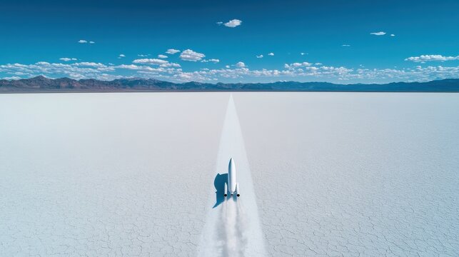 A rocket car breaking the sound barrier on a flat desert salt plain
