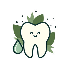 Happy Eco Tooth with Leaves and Water Drop – Symbol of Natural Dental Care and Green Dentistry
