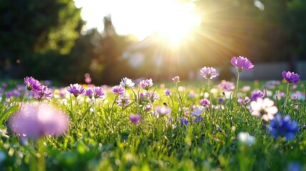 Fototapeta premium Sunset wildflowers meadow, garden, summer, nature, background, spring