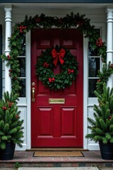 Christmas wreath on front door with evergreen branches, welcoming entrance, winter flowers, evergreen