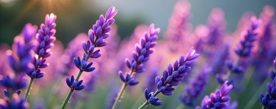 Flores de lavanda roxas estendidas no solo de um dia, luz, natureza, azul