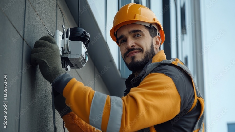 Poster a technician repairing a high-tech security camera mounted on a building