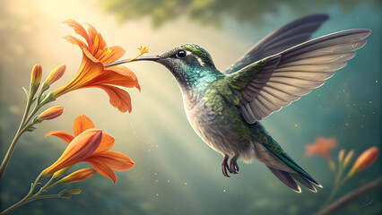 Obraz premium A Vibrant Hummingbird Hovers Near an Orange Flower, Wings Shimmering in Sunlight, Surrounded by Softly Blurred Greenery