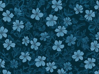 Seamless pattern of delicate blue flowers with detailed petals and leaves, arranged in an elegant design on a dark teal background, perfect for fashion fabrics or home textiles