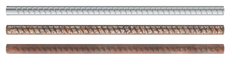Construction Armature Bars. New, rusty corroded armature bar and old rusty armature bar. 3D rendering isolated on transparent background