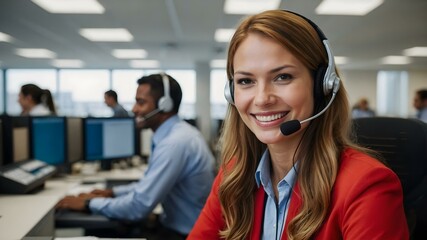 Friendly call center agent in crimson suit smiling with headset, offering customer service support in a modern office environment.