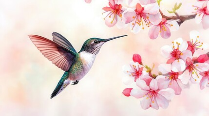 Fototapeta premium Hummingbird Hovering Near Bright Blossom in Soft Background