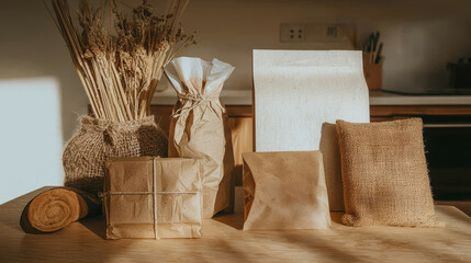 Rustic Packaging Display with Natural Elements and Soft Lighting