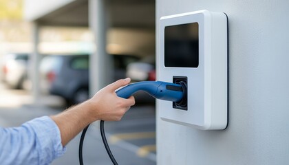 Connecting to the Future Hand Holding EV Charger at Modern Parking Station with Car Charging