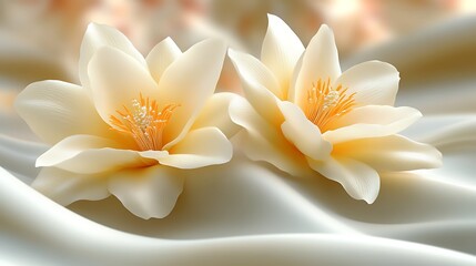Fototapeta premium Two Delicate Cream Colored Flowers Resting on Soft Fabric