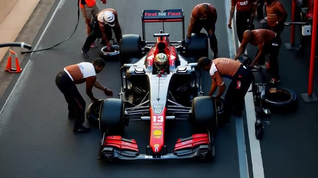 Overhead View of Formula 1 Car in Pit Lane with Pit Crew Changing Tires and Refueling, Intense Quick Pit Stop