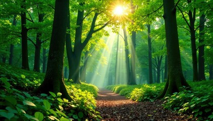 Obraz premium Lush forest canopy with sunlight filtering through, natural, forest, earthy