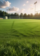 Lush green soccer football field grass under sunny sky, playing surface, turf, pitch