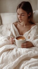 A serene moment of a young woman in soft, elegant bedding, holding a cappuccino with beautiful latte art. The warm light and neutral tones create an inviting ambiance, lazy bedrotting
