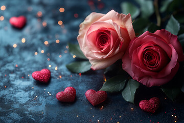 Roses and Hearts:  A delicate pink and red rose duo, beautifully intertwined, rests on a dark blue background, surrounded by a scattering of shimmering red hearts.