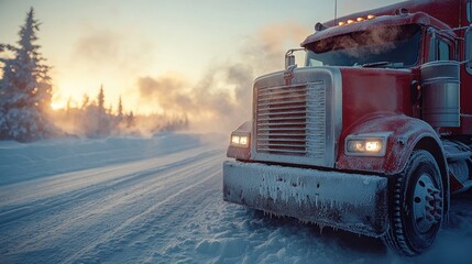 Frosty Red Semi Truck on Snowy Road at Sunrise