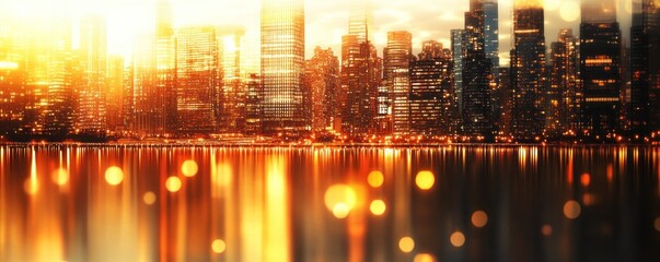 Obraz premium Golden Cityscape: Urban Sunset Reflection