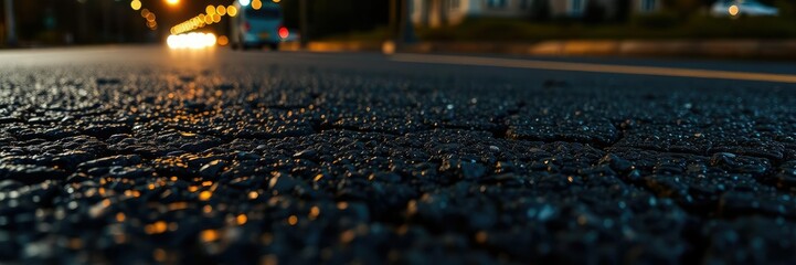 Fototapeta premium Macro shot of illuminated tarmac at night, showcasing intricate details of rough texture and glistening reflections, details, reflections