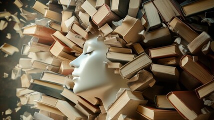 An artistic composition of numerous books bursting out of a half-body portrait head, Knowledge scene, Artistic style