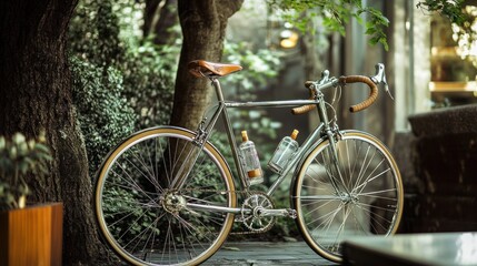 Fototapeta premium Vintage Chrome Bicycle Parked in a Lush Garden Setting