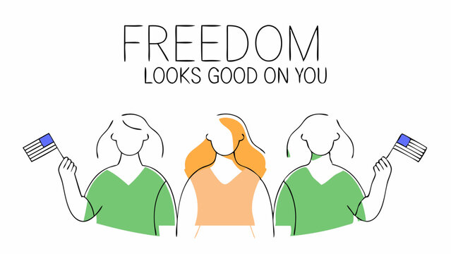 "Freedom looks good on you" text with figures holding US flags. Freedom, USA, flags, figures, text, independence, July 4th, patriotism, celebration, democracy.