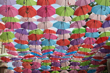 decor of hanging colorful umbrellas