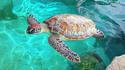 Obraz premium Majestic Sea Turtle Gracefully Swimming in Crystal Clear Waters