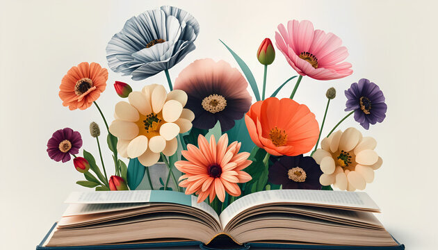 Open book and cut out bright flowers. Surreal art collage. Creative concept banner for International Children's Book Day, April 2nd