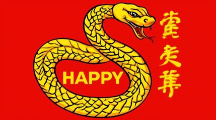 Naklejka premium Vibrant Yellow Snake on Red Background with Happy Message