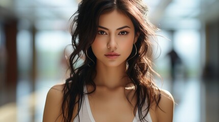 A young woman wearing a white dress is doing yoga exercises