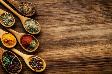 Wooden spoons filled with various spices on rustic wood background.