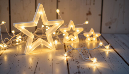 Glowing star-shaped lights on wooden surface, warm ambiance