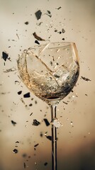 94. A dynamic shot of a glass breaking with sharp shards floating in front of a soft neutral backdrop