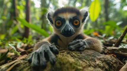 Obraz premium Curious lemur peering from jungle undergrowth