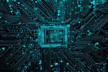 Abstract close-up of a glowing blue digital circuit board, showcasing intricate connections and technological design on a black background.
