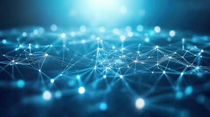 Abstract blue digital landscape with glowing connections and nodes representing advanced technology and network structures in a modern design