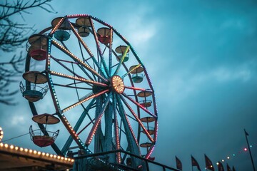 Old-fashioned spinning wheel with multicolored lights and a blurred blue background, mystic, colorful lights, nostalgic, magic, spinning wheel