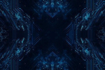 Abstract close-up of a glowing blue digital circuit board, showcasing intricate connections and technological design on a black background.

