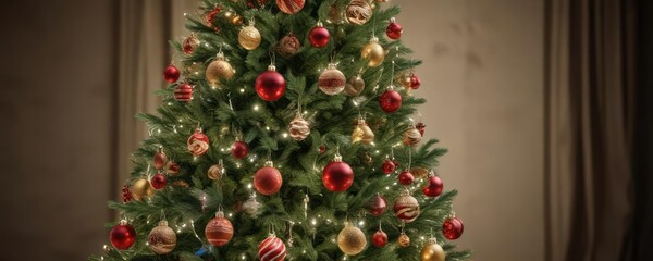 Ornaments and garlands adorning a tall pine Christmas tree, garlands, ornaments, holiday decorations
